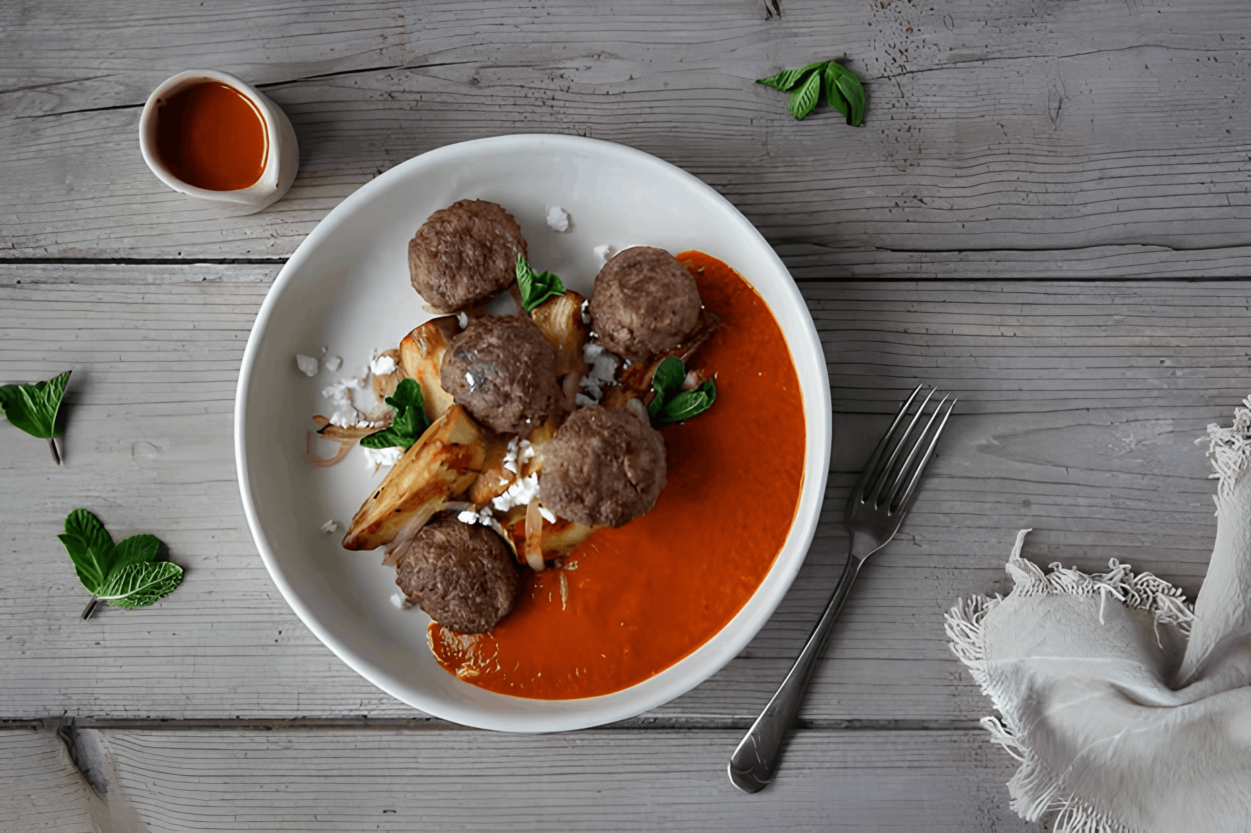 köttbullar med en röd tomatsås och rotfrukter